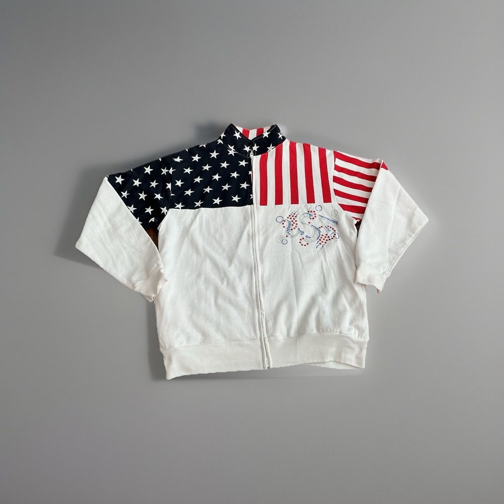 Vtg ESY Surf Co. USA Flag Rhinestone Zip‎ Up Jacket Patriotic Stars Stripes Sz L